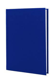 A blue hardcover book upright on white with clipping path