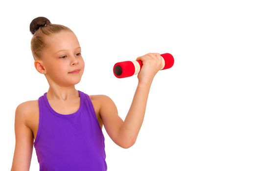 A cute little girl doing exercises with dumbbells. The concept of strength, health and sport. Isolated on white background.