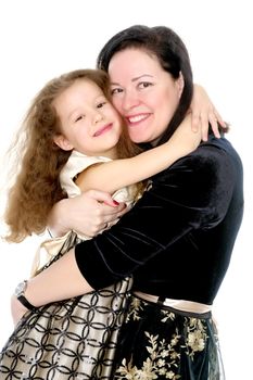 Young mother and little daughter gently embrace. The concept of Happy Childhood, Family Happiness, Raising a Child. Isolated on white background.