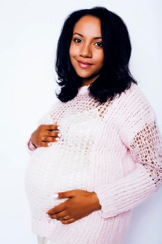 young pretty african american woman pregnant happy smiling, posing on white background isolated , lifestyle people concept copyspace