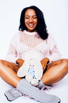 young pretty african american woman pregnant happy smiling, posing on white background isolated , lifestyle people concept copyspace close up