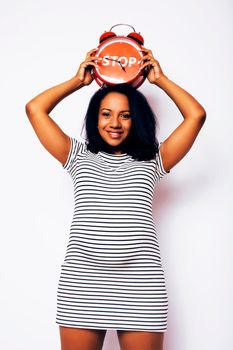 pretty young african-american pregnant woman posing isolated on white background, lifestyle people concept close up