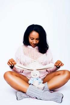 young pretty african american woman pregnant happy smiling, posing on white background isolated , lifestyle people concept copyspace close up