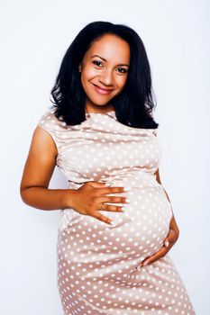 young pretty african american woman pregnant happy smiling, posing on white background isolated , lifestyle people concept copyspace