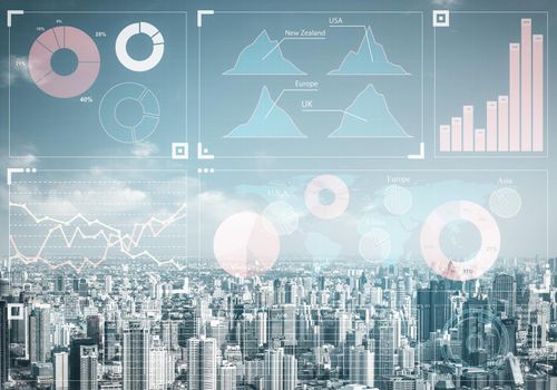 Abstract business charts on background of financial district of megapolis city. Digital economy and trading. Investment management and strategy planning. Financial infographics and data visualization