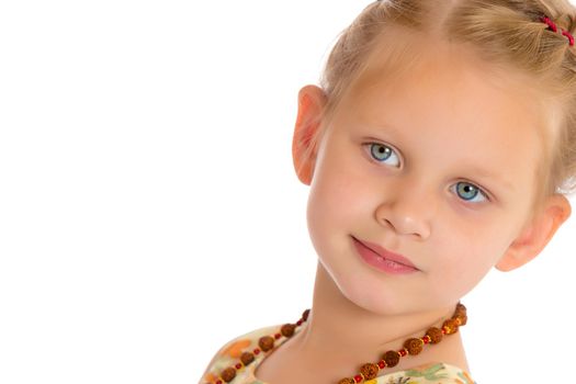 Beautiful little girl close-up. The concept of beauty and fashion, happy childhood. Isolated on white background.