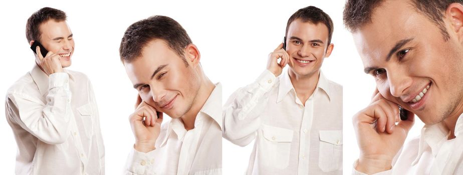 Collage of portraits of a business man wearing white shirt happy and joyful with phone isolated on white background