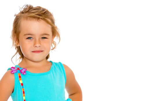 Beautiful little girl close-up. The concept of beauty and fashion, happy childhood. Isolated on white background.