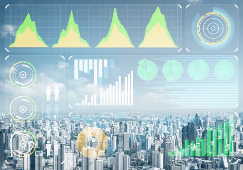 Forex trading business concept with abstract financial graphics on background of modern city skyline. Stock exchange market graph analysis. Digital analytics and statistics. Stats and economy.