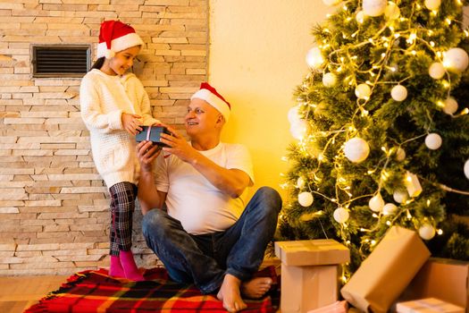 Little girl and her grandfather with Christmas gift at home