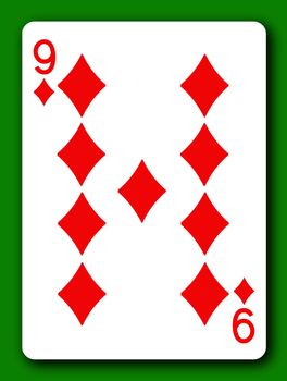 A 9 Nine of Diamonds playing card with clipping path to remove background and shadow