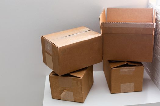 Lot of cardboard boxes on white background