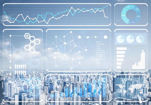 Stock market data on background of modern cityscape. Virtual interface of online trading platform. Digital economic indexes, complex financial analytics and statistics. Data analysis service.