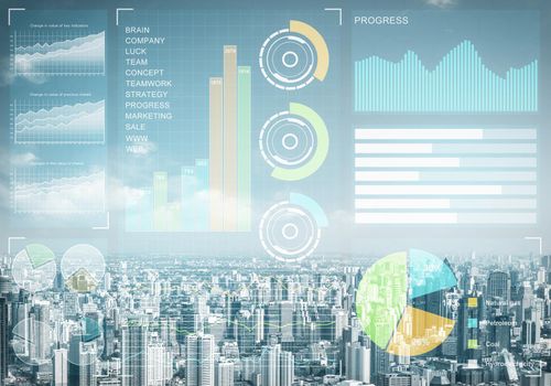 Double exposure business concept with abstract stock market data on background of modern cityscape. Virtual interface of online trading platform. Digital economic indexes, analytics and statistics.