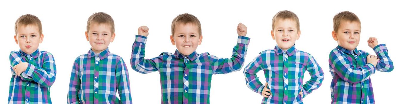 Athletic little boy shows his muscles on a white background. The concept of a healthy lifestyle, proper nutrition. Isolated.
