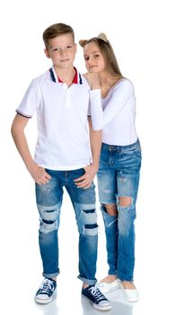 Teens brother and sister. The concept of a happy childhood, beauty, people, fashion, healthy lifestyle. Isolated on white background.