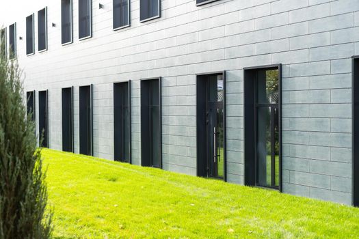 green landscaping near the facade of a business building.