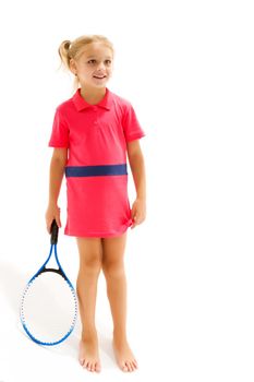 Happy playful girl smiling on the tennis court with a racket. Little girl with a tennis racket in a sports club. Active exercises for children. Training for a small child. The child learns to play. Isolated on white background.