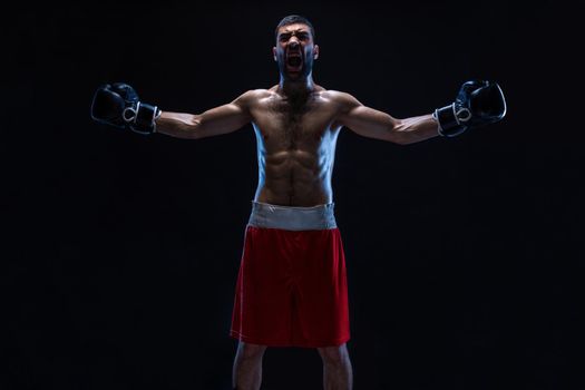 Oriental boxer celebrating his victory with raised arms in black gloves on black background. Win. Studio shot on a black background