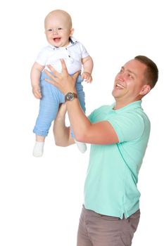 Dad holds the baby in his arms. The concept of educating the father of young children, Happy childhood, a friendly family. Isolated on white background.