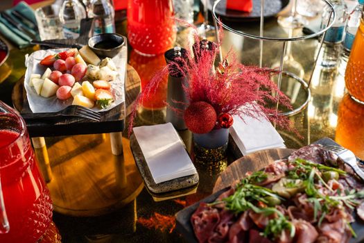 Fiesta party buffet table with food.