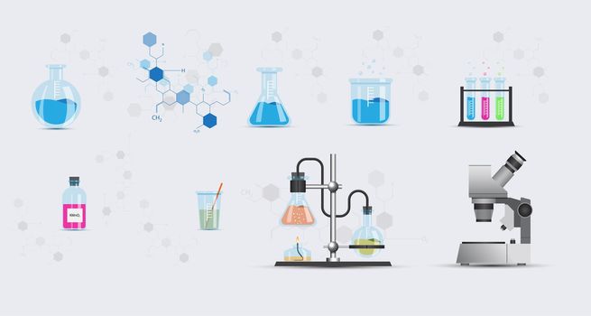 Collection of objects from the chemical laboratory. Flasks, test tubes, alcohol burner, tripod and microscope. 3d illustration