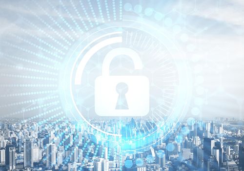 Computer security concept and information technology. Risk management and professional safeguarding. Virtual padlock hologram on background of city skyline. Innovative security solution for business.