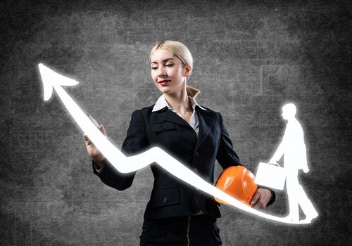 Business lady drawing success graph. Development of successful professional career. HR specialist in business suit with safety helmet. Recruitment agency presentation. Human resource management.