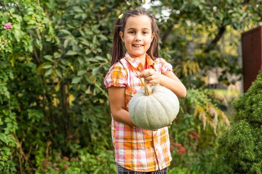 Playing outdoors cute little girl holding a pumpkin