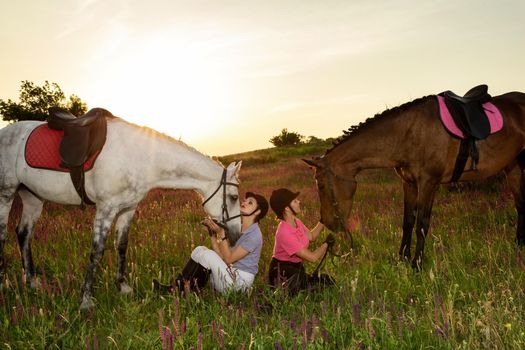 Two woman and two horses outdoor in summer happy sunset together nature. Taking care of animals, love and friendship concept.