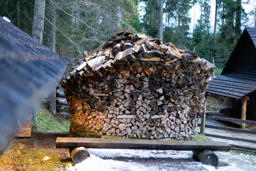Stacks of Firewood. Preparation of firewood for the winter. Pile of Firewood. Firewood background