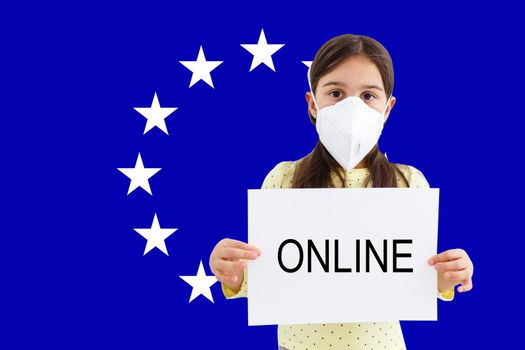 Masked little girl looking at the camera on flag European Union background. The concept of attention to the worldwide spread of the coronavirus worldwide. Coronavirus, virus in EU.
