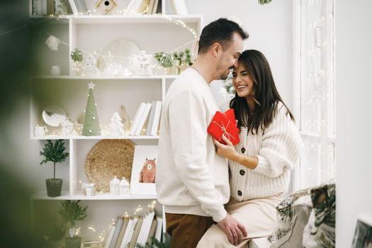 Young cheerful couple in love with present for Christmas, portrait