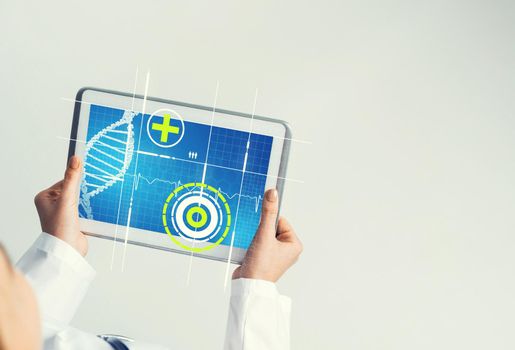 Tablet pc device with medicine interface screen in hands of doctor