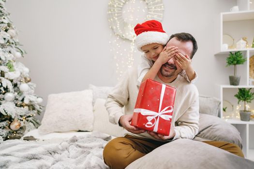 Young dad and his son celebrate christmas together, portrait