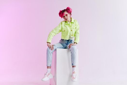 woman with pink hair youth style posing lifestyle neon. High quality photo