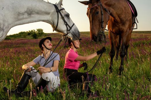 Two woman and two horses outdoor in summer happy sunset together nature. Taking care of animals, love and friendship concept.