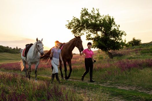 Two woman and two horses outdoor in summer happy sunset together nature. Taking care of animals, love and friendship concept.