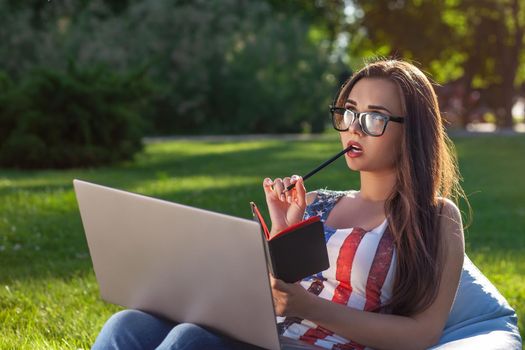 Young cute girl with laptop, sit on bean bag in garden or park, on green grass. Success small business, modern lifestyle, information technology, or online shopping concept