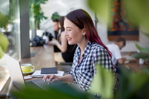 Side view of young businesswoman sitting at table in coffee shop. On table cup of coffee and laptop. In background white wall and window. Girl shopping online.
