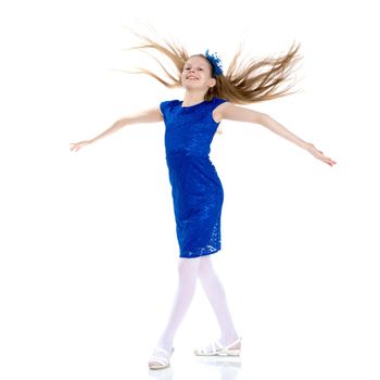 A sweet girl straightens her hair. The concept of fashion and style. Isolated over white background