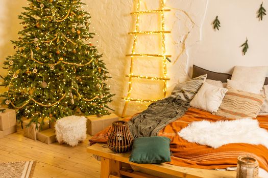 Christmas scene with tree gifts , christmas interior