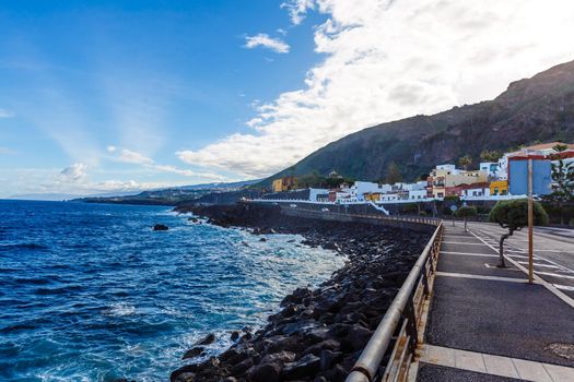 Aerial view of Garachico village on the coast of Atlantic ocean in Tenerife island of Spain