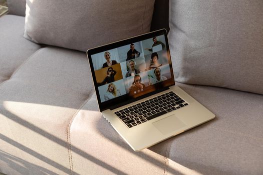 Beautiful young woman having video conference call via computer. Call Meeting. Home office. Stay at home and work from home concept during Coronavirus pandemic