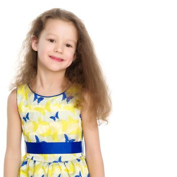 Beautiful little girl close-up. The concept of beauty and fashion, happy childhood. Isolated on white background.