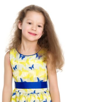 Beautiful little girl close-up. The concept of beauty and fashion, happy childhood. Isolated on white background.