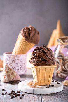 Delicious summer dessert chocolate ice cream in waffle cone. Summer healthy food concept, lactose free. Copy space.