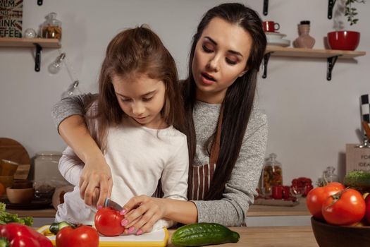 Happy loving family are cooking together. Pretty mommy and her little girl are making a vegetable salad and having fun at the kitchen, against a white wall with shelves and bulbs on it. Homemade food and little helper.