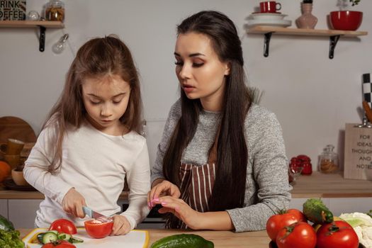 Happy loving family are cooking together. Gorgeous mother and her little princess are making a vegetable salad and having fun at the kitchen, against a white wall with shelves and bulbs on it. Homemade food and little helper.