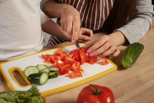 Close-up shot of a happy loving family cooking together. Mother and her daughter are making a vegetable salad and having fun at the kitchen. Homemade food and little helper.